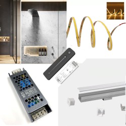 LED Strip Complete Bathroom Wetroom WC Kit - Includes LED Strip Tape, LED Profile, Driver + Optional Remote Dimmer or Wall Plate Dimming Switch, 5m Cable 24V - Single Colour IP65 LED Strip Complete Bathroom Wetroom WC Kit - Includes LED Strip Tape, LED Profile, Driver + Optional Remote Dimmer or Wall Plate Dimming Switch, 5m Cable 24V - Single Colour IP65