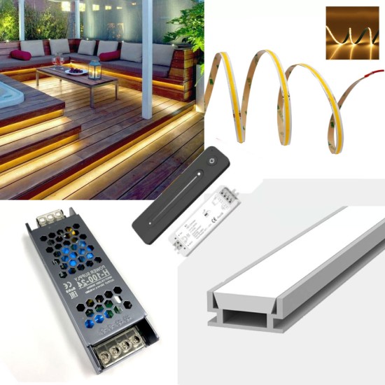 LED Patio Decking Garden Terrace LED Strip Tape Profile Complete Kit - Includes LED Strip Tape, LED Profile, Driver + Optional Remote Dimmer and Wall Plate Dimming Switch, 5m Cable 24V - Single Colour IP65