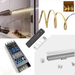 LED Strip Complete Kitchen Kit - Includes LED Strip Tape, LED Profile, Driver + Optional Remote Dimmer or Wall Plate Dimming Switch, 5m Cable 24V - Single Colour IP65 LED Strip Complete Kitchen Kit - Includes LED Strip Tape, LED Profile, Driver + Optional Remote Dimmer or Wall Plate Dimming Switch, 5m Cable 24V - Single Colour IP65