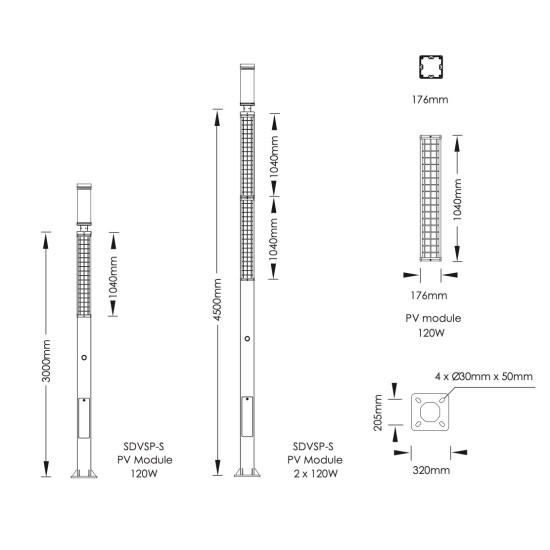 Solar Vertical Pole Mounted PV Panel - Square Pole Solar c/w 25W/50W LED Street Light Post Top & Lithium LiFePO4 Battery