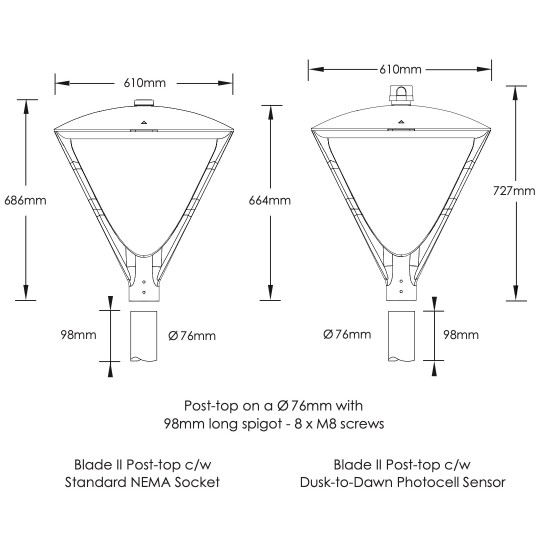 LED Blade II Post-Top Street Light (60W - 150W) - 360 Degree Car Park / Street Light Lantern c/w 76mm Entry c/w Nema Socket + Photocell Dusk-til Dawn Sensor