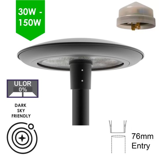 LED Panhead  Post-Top Street Light (60W - 150W) - 360 Degree Car Park / Street Light Lantern c/w 76mm Entry c/w Nema Socket + Photocell Dusk-til Dawn Sensor