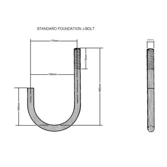 M16 Foundation Anchor Bolts - Holding Down Bolts 480mm for Flange Plated Column (3-6m / 140mm Base)