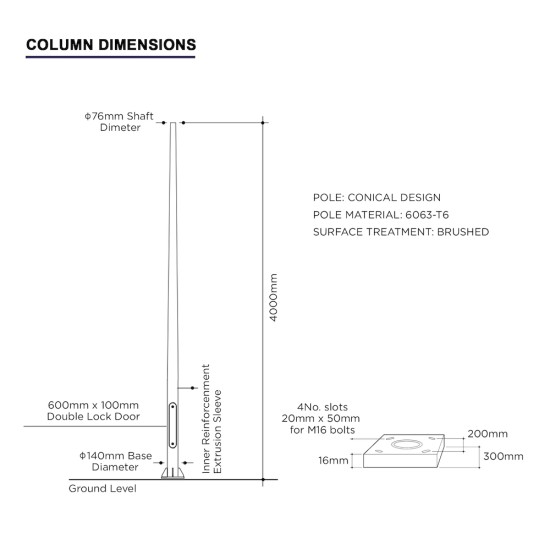 4m Aluminium Conical / Tapered Lamp Post / Lighting Column Flange Plated Bolt Down - Machine Brushed Aluminium Street Lamp Post 4 Metre (4m Above Ground)