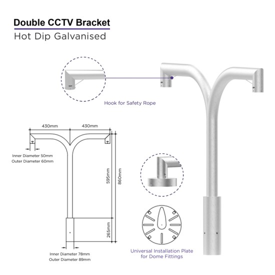 CCTV/PTZ Camera Lamp Post Bracket - Half Swan Neck - Single / Twin for 76mm cctv camera post / lamp post column - Top Mount