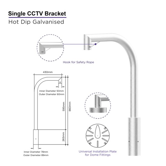 CCTV/PTZ Camera Lamp Post Bracket - Half Swan Neck - Single / Twin for 76mm cctv camera post / lamp post column - Top Mount