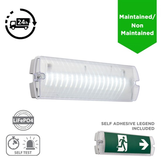 IP65 LED Emergency Exit Bulkhead Light –3h Maintained / Non-Maintained, Manual & Self-Test, LiFePO4 Battery c/w Self Adhesive Legend IP65 LED Emergency Exit Bulkhead Light –3h Maintained / Non-Maintained, Manual & Self-Test, LiFePO4 Battery c/w Self Adhesive Legend