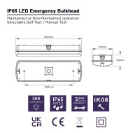 IP65 LED Emergency Exit Bulkhead Light –3h Maintained / Non-Maintained, Manual & Self-Test, LiFePO4 Battery c/w Self Adhesive Legend