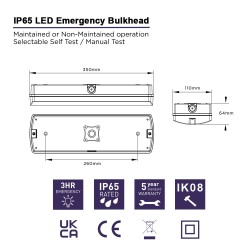 IP65 LED Emergency Exit Bulkhead Light –3h Maintained / Non-Maintained, Manual & Self-Test, LiFePO4 Battery c/w Self Adhesive Legend IP65 LED Emergency Exit Bulkhead Light –3h Maintained / Non-Maintained, Manual & Self-Test, LiFePO4 Battery c/w Self Adhesive Legend