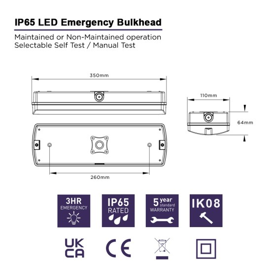 IP65 LED Emergency Exit Bulkhead (TRADE BULK 10 PACK) 3h Maintained / Non-Maintained, Manual & Self-Test, LiFePO4 Battery c/w Self Adhesive Legend IP65 LED Emergency Exit Bulkhead (TRADE BULK 10 PACK) 3h Maintained / Non-Maintained, Manual & Self-Test, LiFePO4 Battery c/w Self Adhesive Legend
