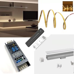 LED Home LED Kit - Includes LED Strip Tape, LED Profile, Driver + Optional Remote Dimmer or Wall Plate Dimming Switch, 5m Cable 24V - Single Colour IP21 LED Home LED Kit - Includes LED Strip Tape, LED Profile, Driver + Optional Remote Dimmer or Wall Plate Dimming Switch, 5m Cable 24V - Single Colour IP21