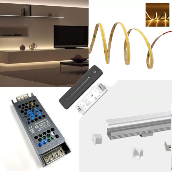 LED Home LED Kit - Includes LED Strip Tape, LED Profile, Driver + Optional Remote Dimmer or Wall Plate Dimming Switch, 5m Cable 24V - Single Colour IP21