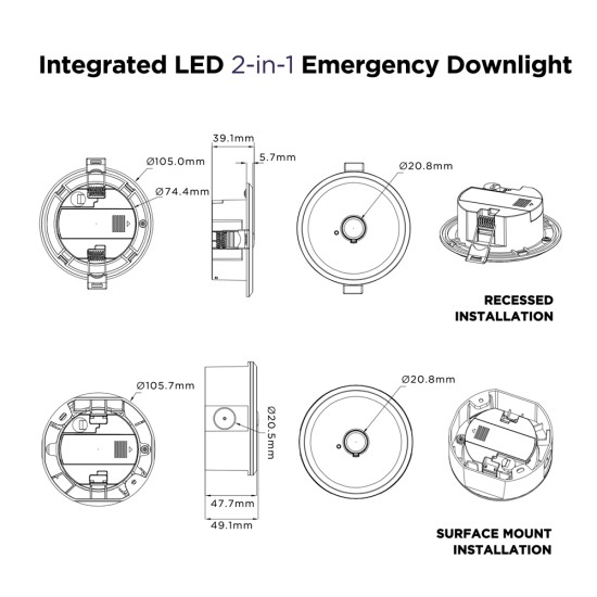 LED Emergency Downlight (BULK TRADE X10 PACK) 3h Recessed / Surface Mount Installation (2-in-1) c/w 2 Lenses for Wide Open Area or Escape Route Corridor - 1.2W 215lm with Self Test LED Emergency Downlight (BULK TRADE X10 PACK) 3h Recessed / Surface Mount Installation (2-in-1) c/w 2 Lenses for Wide Open Area or Escape Route Corridor - 1.2W 215lm with Self Test