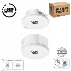 LED Emergency Downlight (BULK TRADE X10 PACK) 3h Recessed / Surface Mount Installation (2-in-1) c/w 2 Lenses for Wide Open Area or Escape Route Corridor -  1.2W 215lm with Self Test