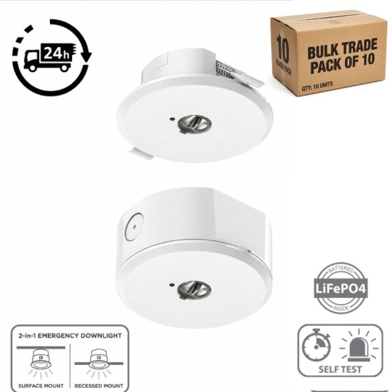 LED Emergency Downlight (BULK TRADE X10 PACK) 3h Recessed / Surface Mount Installation (2-in-1) c/w 2 Lenses for Wide Open Area or Escape Route Corridor - 1.2W 215lm with Self Test LED Emergency Downlight (BULK TRADE X10 PACK) 3h Recessed / Surface Mount Installation (2-in-1) c/w 2 Lenses for Wide Open Area or Escape Route Corridor - 1.2W 215lm with Self Test