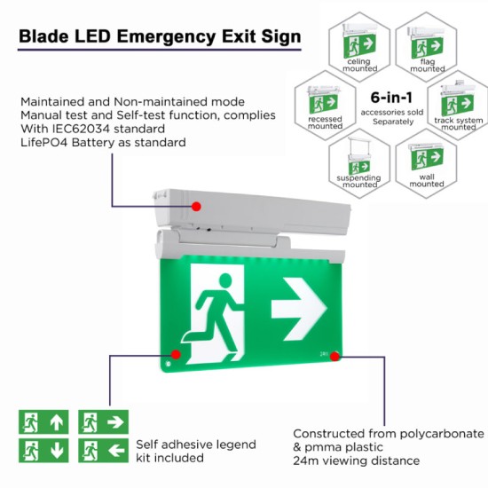 LED Emergency Exit Sign Light (X10 PACK TRADE BULK) - Blade 3 Hour Maintained/Non-Maintained 3.5W Running Man Fire Exit Sign - Surface Wall or Ceiling Mount with Adjustable Legend LED Emergency Exit Sign Light (X10 PACK TRADE BULK) - Blade 3 Hour Maintained/Non-Maintained 3.5W Running Man Fire Exit Sign - Surface Wall or Ceiling Mount with Adjustable Legend