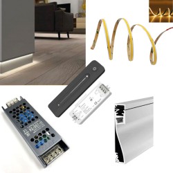 LED Skirting Board Perimeter Strip Kit - LED Profile Strip Complete Kit - Includes LED Strip Tape, LED Profile, Driver + Optional Remote Dimmer or Wall Plate Dimming Switch, 5m Cable 24V - Single Colour IP21 LED Skirting Board Perimeter Strip Kit - LED Profile Strip Complete Kit - Includes LED Strip Tape, LED Profile, Driver + Optional Remote Dimmer or Wall Plate Dimming Switch, 5m Cable 24V - Single Colour IP21