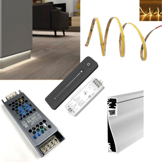 LED Skirting Board Perimeter Strip Kit - LED Profile Strip Complete Kit - Includes LED Strip Tape, LED Profile, Driver + Optional Remote Dimmer or Wall Plate Dimming Switch, 5m Cable 24V - Single Colour IP21