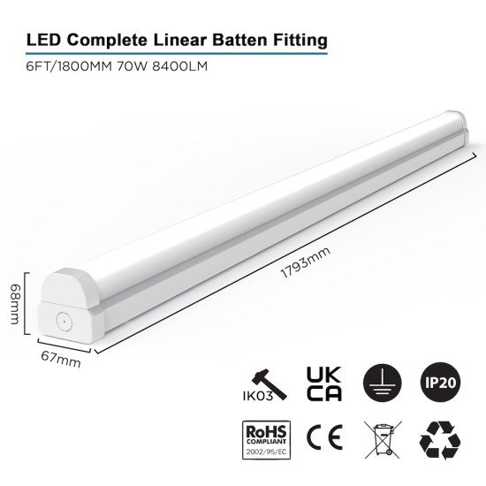 6FT LED BATTEN LIGHT 1800MM (1.8M) LED OFFICE LIGHT FOR CORRIDOR, BATHROOM, STAIRS, GARAGE, WORKSHOP - 70W / 8,400LM / 4000K