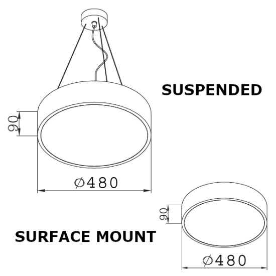 LED Round Surface Mount/Suspended Downlight Ø480mm - 30W (2,850lm) Black Casing