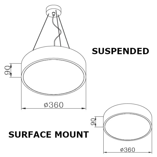 LED Round Surface Mount/Suspended Downlight Ø360mm - 24W (2,280lm) Black Casing