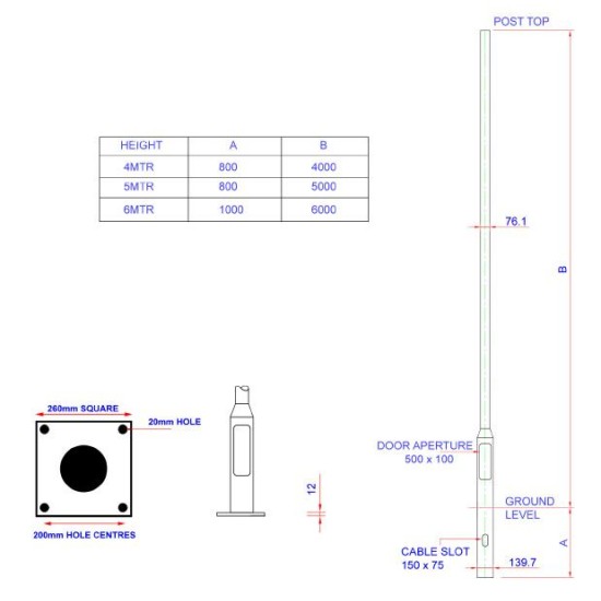 4m Flange Plated Lighting Column (Bolt Down) - Street Lamp Post Galvanised Steel (76mm Shaft/140mm Base)