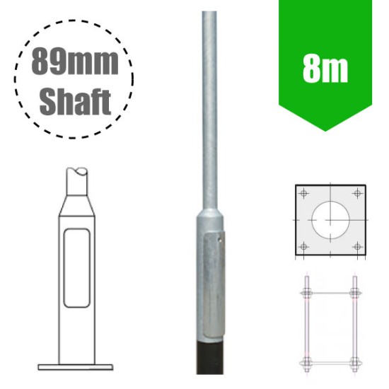 8m Flange Plated Lighting Column (Bolt Down) - Street Lamp Post Galvanised Steel (89mm Shaft/168mm Base)