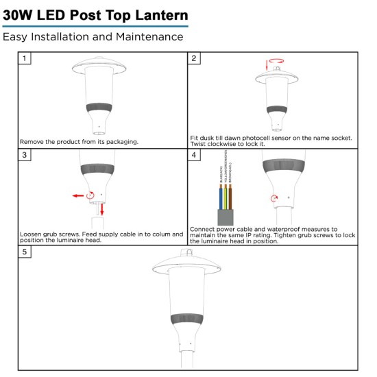 50W LED Top Hat Lantern c/w Photocell Dusk-til-dawn sensor - 360 Degree Car Park / Street Light Luminaire 