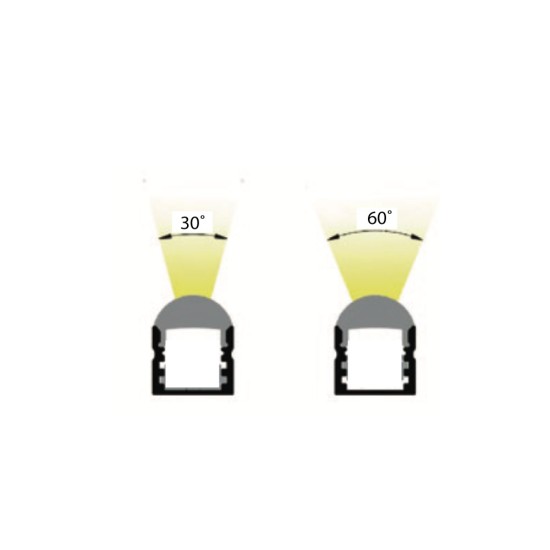 LED Profile 60˚ Lensed/Clear Optic for LED Strip - Surface Mount Aluminium LED Channel c/w  Diffuser + End Caps + Mounting Clips