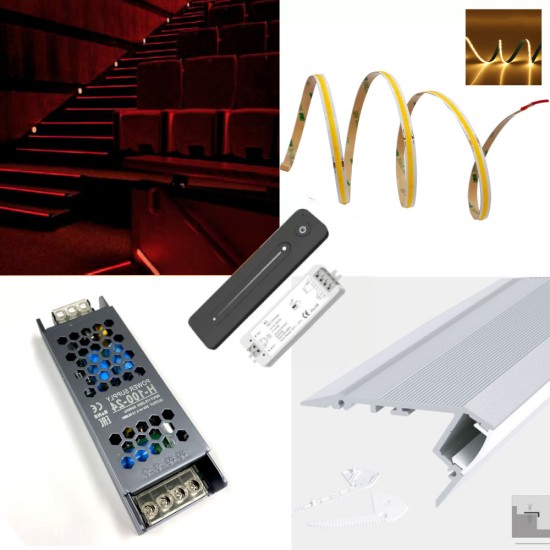 LED Strip Stair Nose Nosing Step Edging Trim Profile Tape Complete Kit - Includes LED Strip Tape, LED Profile, Driver + Optional Remote Dimmer or Wall Plate Dimming Switch, 5m Cable 24V - Single Colour IP65