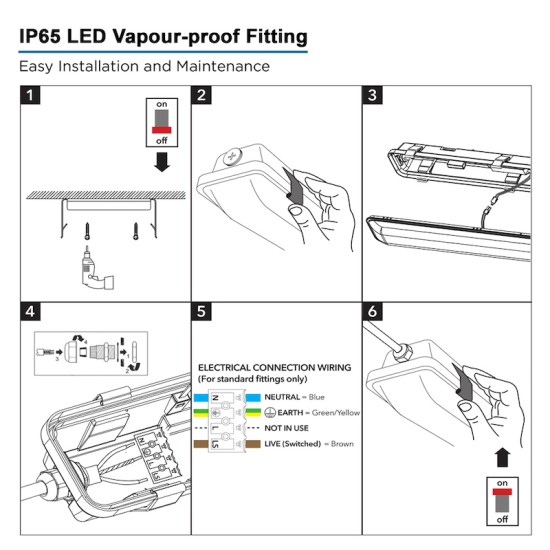 6ft LED Strip Light - 1800mm Non-corrosive IP65 Twin/180cm [1.8m] Vapour-proof / Weatherproof Batten