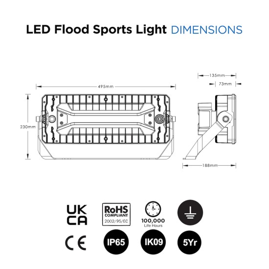 300W Asymmetric LED Flood Sports Area Light for Tennis Court, Football, Rugby Pitch, Horse Menage, Golf, Stadium, Arena