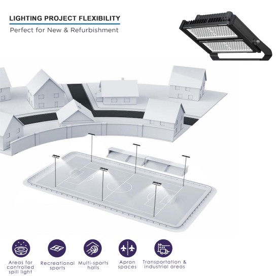 600W Asymmetric LED Flood Sports Area Light for Tennis Court, Football, Rugby Pitch, Horse Menage, Golf, Stadium, Arena