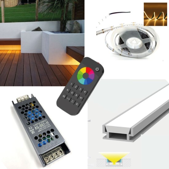 LED Patio Decking Garden Terrace Strip Tape Kit RGBW Colour Changing - Outdoor Garden LED Kit - Includes LED Strip Tape, LED Profile, Driver + Optional RF Remote or Wall Plate Controller, 5m Cable 24V - IP65