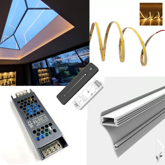 Skylight / Roof Lantern LED Tape Strip Complete Kit - Includes LED Strip Tape, LED Profile, Driver + Optional Remote Dimmer or Wall Plate Dimming Switch, 5m Cable 24V - Single Colour IP21