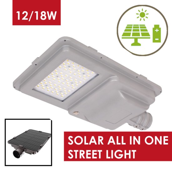 Solar LED Street Light 18W - All-in-one Solar PV Street Exterior Light c/w Built In Integral Solar Panel & Integrated Lithium LiFePO4 Battery