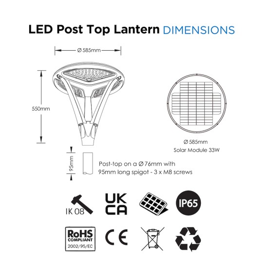 Solar PV LED Post Top Street Light Lantern - All-in-one Integrated Solar Lantern c/w Built In Integral Solar Panel & Integrated Lithium LiFEPO4 Battery