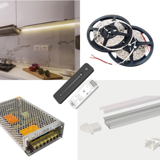 LED Strip Complete Kitchen Kit - Includes LED Strip Tape, LED Profile, Driver + Optional Remote Dimmer or Wall Plate Dimming Switch, 5m Cable 24V - Single Colour IP65