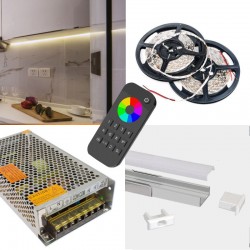 Kitchen Kit LED Strip RGBW Colour Changing - Kitchen Cupboard Counter Worktop  LED Kit - Includes LED Strip Tape, LED Profile, Driver + Optional RF Remote or Wall Plate Controller, 5m Cable 24V - IP65 Kitchen Kit LED Strip RGBW Colour Changing - Kitchen Cupboard Counter Worktop  LED Kit - Includes LED Strip Tape, LED Profile, Driver + Optional RF Remote or Wall Plate Controller, 5m Cable 24V - IP65