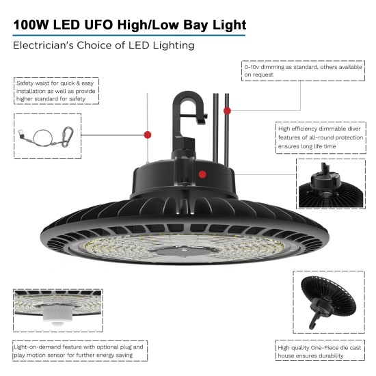 LED High Bay Light c/w PIR Motion Sensor/Detection for extra Energy Savings - Warehouse Industrial UFO Fitting 