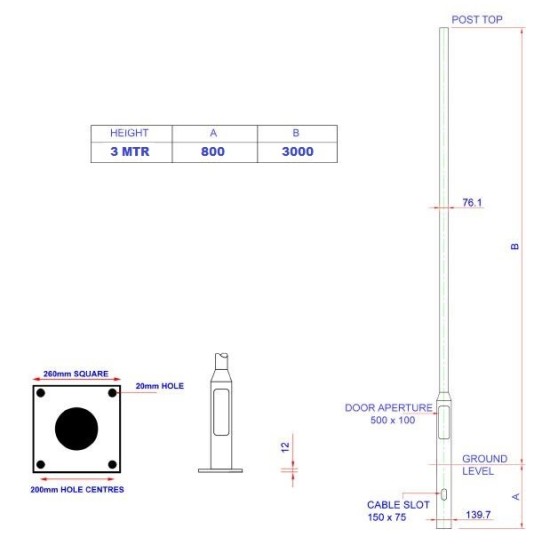 3m Flange Plated Lighting Column (Bolt Down) - Street Lamp Post Galvanised Steel (76mm Shaft/140mm Base)