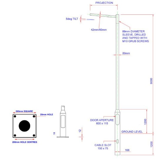 8m Mid-Hinged Lighting Column - Galvanised Street Lamp Post Root Mounted