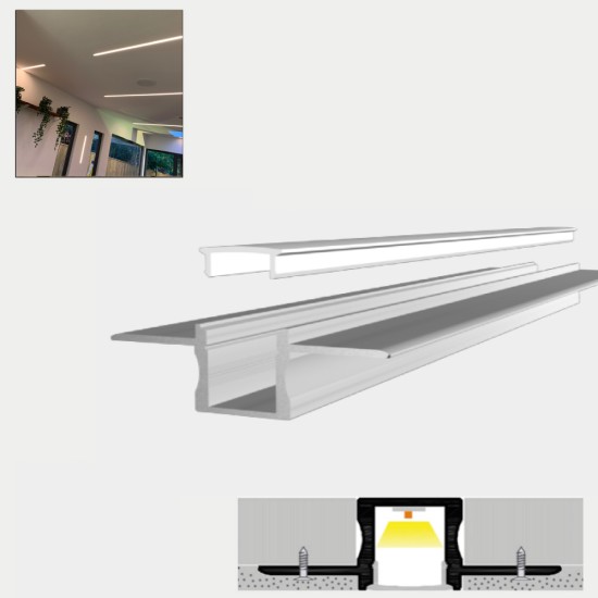 LED Profile Slim Plaster-in Recessed Extrusion for LED Strip - Aluminium LED Channel c/w  Clip-in Diffuser + End Caps