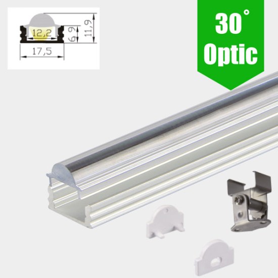 LED Profile 30˚ Lensed/Clear Optic for LED Strip - Surface Mount Aluminium LED Channel c/w  Diffuser + End Caps + Mounting Clips