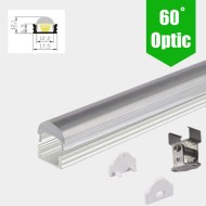 LED Profile 60˚ Lensed/Clear Optic for LED Strip - Surface Mount Aluminium LED Channel c/w  Diffuser + End Caps + Mounting Clips