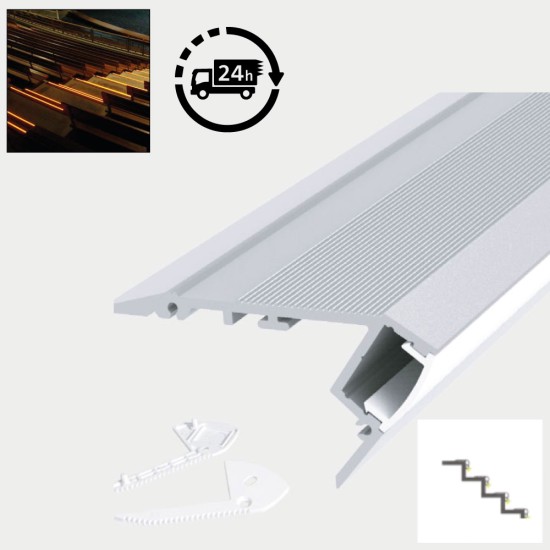 LED Profile Step Extrusion / Stair Nosing (Downlight) for LED Strip -  Aluminium LED Channel c/w  Clip-in Diffuser + End Caps 