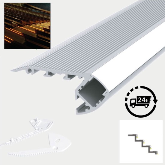 LED Profile Step Extrusion / Stair Nosing (Uplight) for LED Strip -  Aluminium LED Channel c/w  Clip-in Diffuser + End Caps 