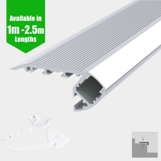 LED Profile Step Extrusion / Stair Nosing (Uplight) for LED Strip -  Aluminium LED Channel c/w  Clip-in Diffuser + End Caps 