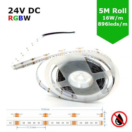 RGBW COB LED STRIP (5M ROLL) 12MM LED TAPE LIGHT - NO SPOTTING / SPOTLESS - 16W/M 24V DC COLOUR CHANGING IP20