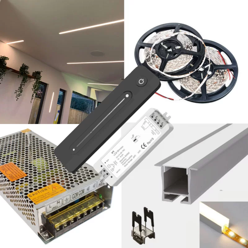 LED Strip Recessed Ceiling Wall LED Strip Tape Aluminium Channel Profile  Complete Kit - Includes LED Strip Tape, LED Profile, Driver + Optional  Remote Dimmer or Wall Plate Dimming Switch, 5m Cable 24V - Single Colour  IP21